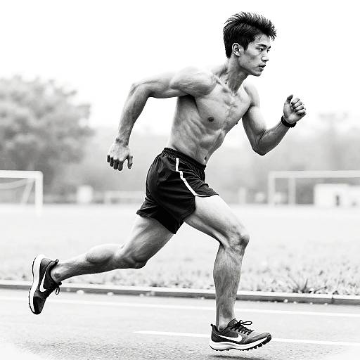 Black-and-white photograph of a muscular, shirtless Asian male runner in shorts and sneakers, mid-stride outdoors with blurred background.