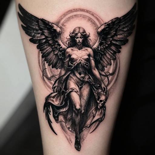 Black and gray tattoo of a winged, nude, classical angel with flowing drapery, holding a skull, on human skin.