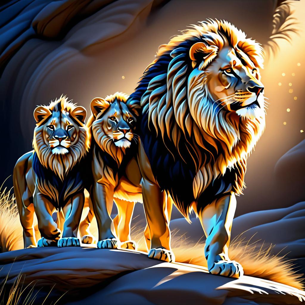 Majestic Lion with Playful Cubs Artwork