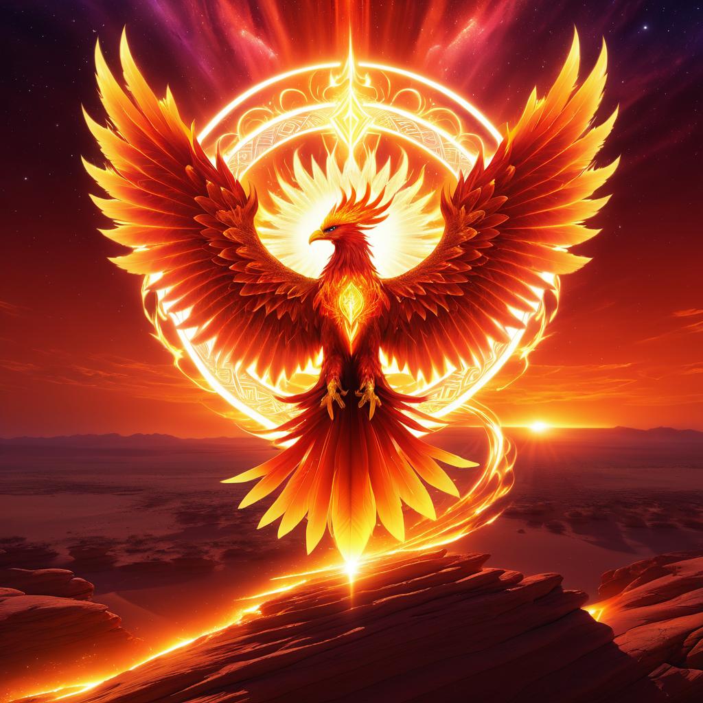 Divine Phoenix Rising Amidst Fiery Sunset