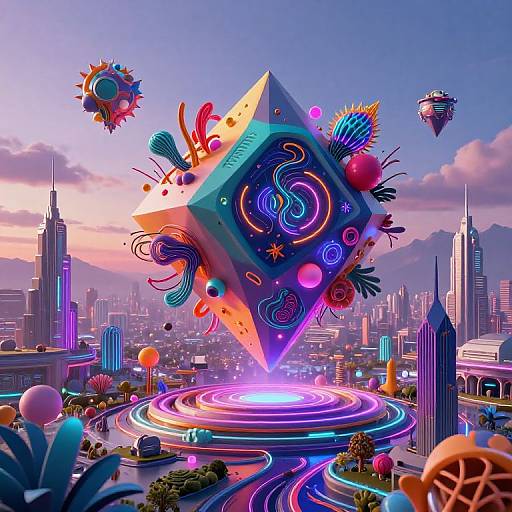 Vibrant digital artwork of a neon, geometric floating cube with swirling patterns, surrounded by futuristic cityscape with glowing roads and floating orbs, set against