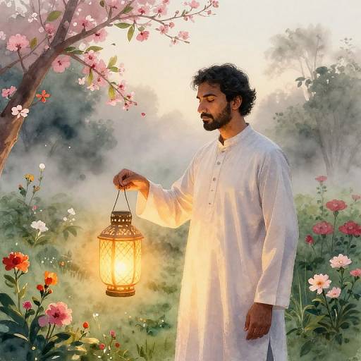 Photograph of a bearded South Asian man in white traditional attire holding a glowing lantern, standing among blooming flowers and a misty garden.