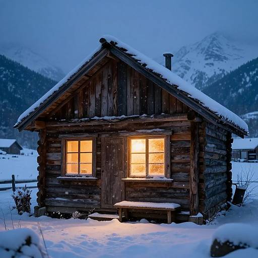 Photograph of a wooden cabin with glowing yellow windows, snow-covered roof, and surrounding snowy landscape under a twilight blue sky. Mountain peaks visible in the