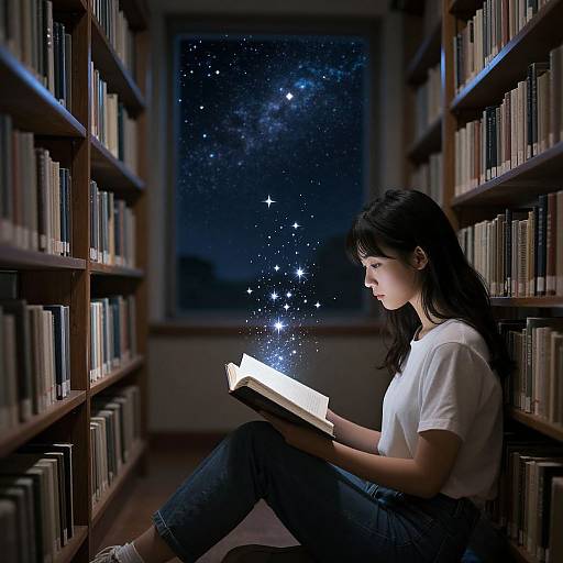 Photograph of an Asian woman with long black hair, wearing a white t-shirt and jeans, reading a glowing book in a library with starry night