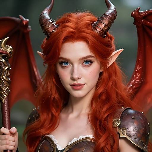 Digital artwork of a red-haired, blue-eyed female demon with large black horns, red wings, and armored shoulder plates, holding a staff.
