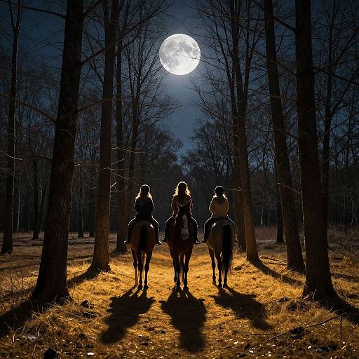 Photograph of three silhouetted riders on horses, standing under a bright full moon in a dark, leafless forest, casting long shadows on