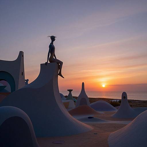 Silhouetted figure in hat sits on curvy sculpture at sunset, beach in background, orange and purple sky, modern art landscape.