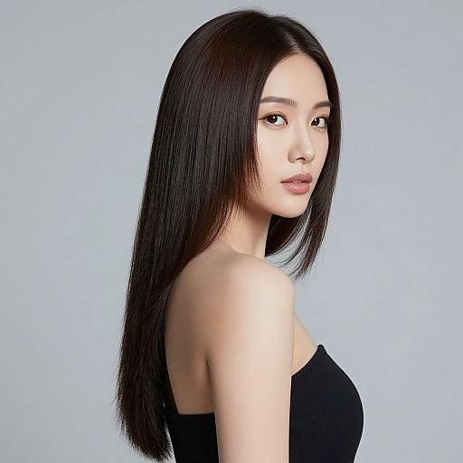Photograph of an Asian woman with long, straight black hair, light skin, wearing a strapless black top, looking over her shoulder, against a