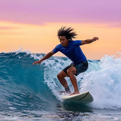 Photograph of a young man with long black hair surfing a blue wave at sunset, wearing a blue shirt and gray shorts, with a vibrant pink and