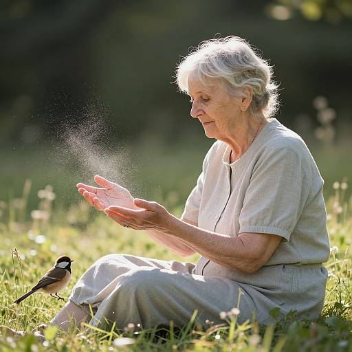 Photograph of an elderly white woman with short, white hair, wearing a light beige dress, sitting on grass, feeding a small black bird from her