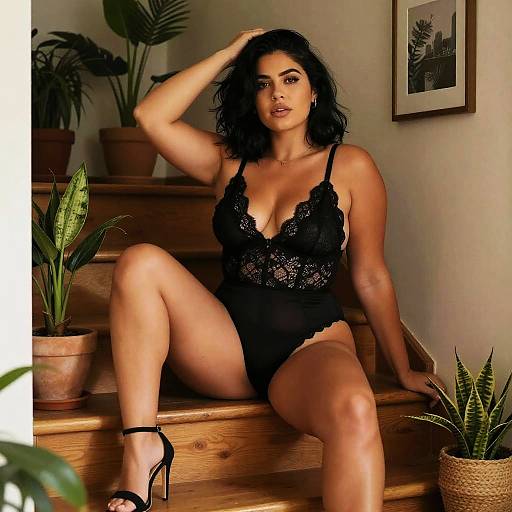 Photograph of a curvy, dark-haired woman in black lace lingerie, sitting on wooden steps, hand in hair, potted plants around.