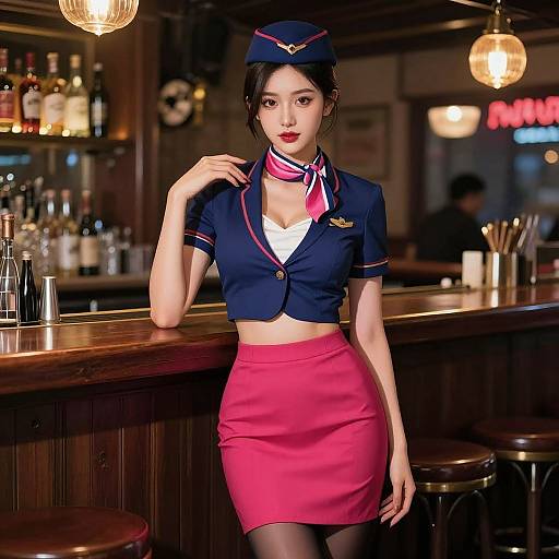 Photograph of an attractive Asian woman in a navy blue and red flight attendant uniform, standing at a dimly lit bar with wooden counters and hanging lights