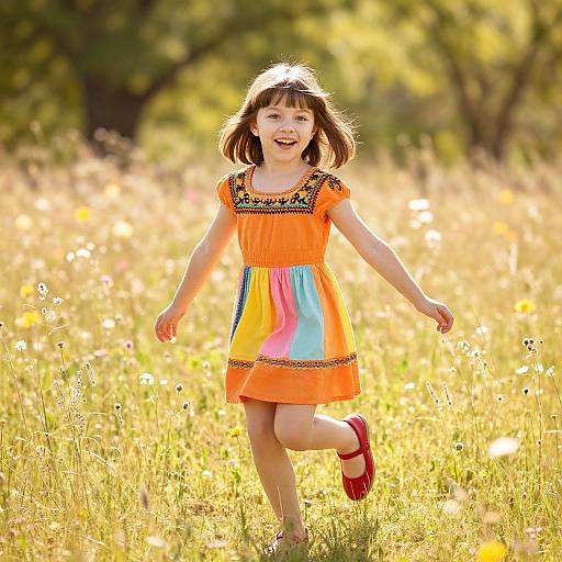Photograph of a joyful young girl with brown hair in an orange dress with blue and pink stripes, running in a sunlit meadow with yellow wild