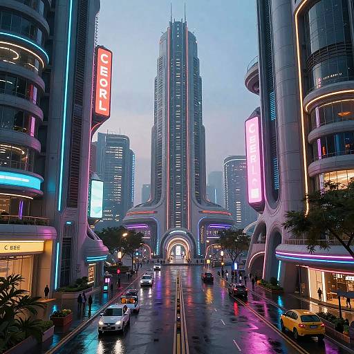 Photograph of a futuristic city street at dusk, featuring neon-lit skyscrapers, glowing signs, wet pavement, and yellow taxis in a vibrant