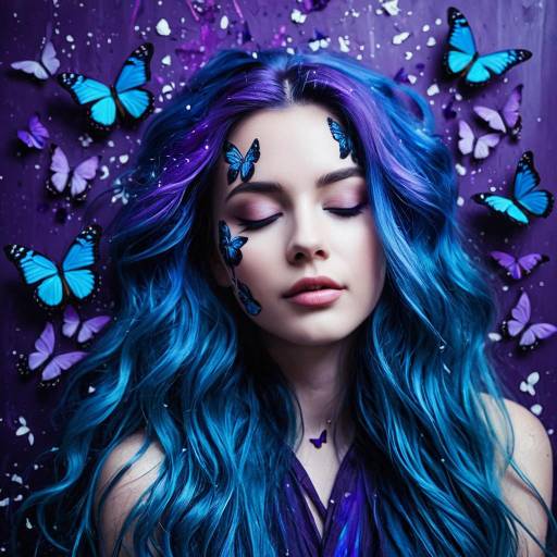 Fantasy Woman with Azure Hair and Butterflies