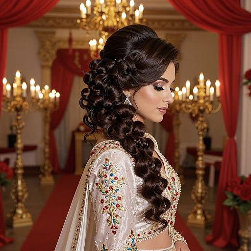 Photograph of a beautiful South Asian woman with long, wavy black hair, wearing a white embroidered bridal outfit, in an opulent room with red