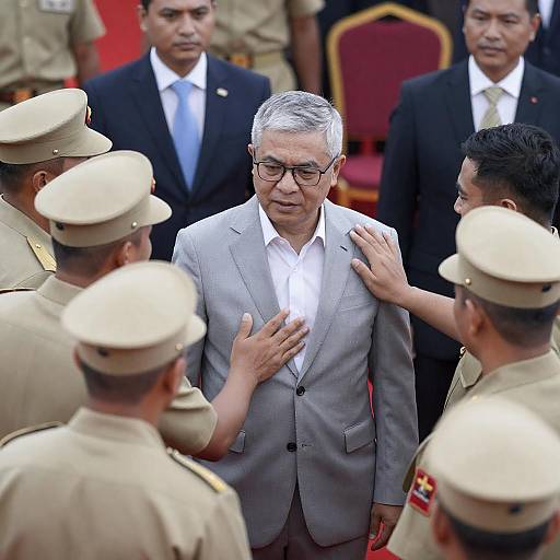 Central Gray-Suited Man Surrounded by Officials