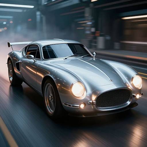 Photograph of a sleek, silver, vintage sports car with glowing headlights speeding through a dark, blurred urban street at night.