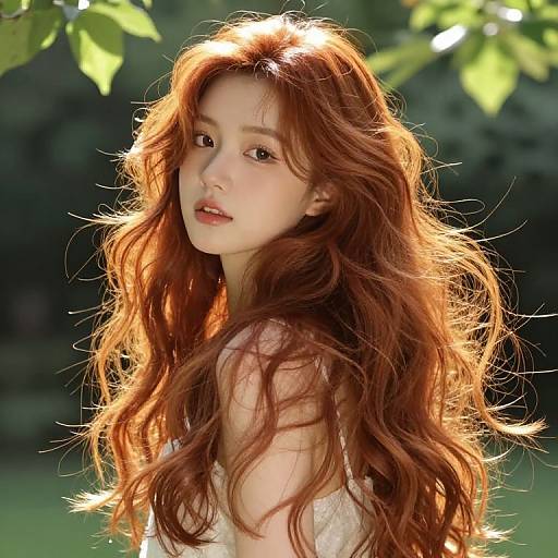 Photograph of a beautiful young Asian woman with long, wavy, auburn hair, glowing in sunlight, wearing a white top, surrounded by