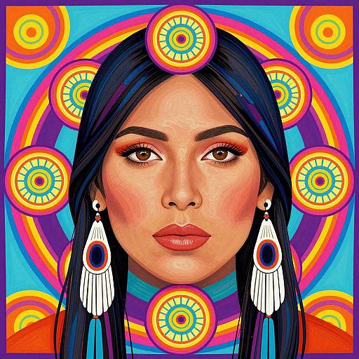 Digital portrait of a woman with long black hair, wearing white tassel earrings, surrounded by colorful concentric circles on a blue background. Vibrant,