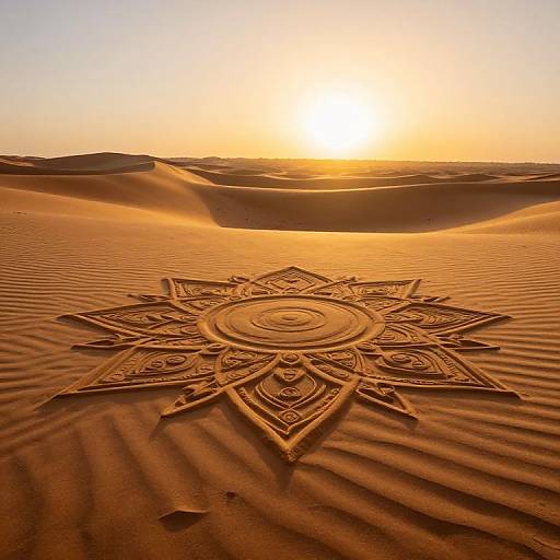 Photograph of an intricate mandala carved into golden sand dunes at sunset, with the sun casting warm, orange light over the desert landscape.