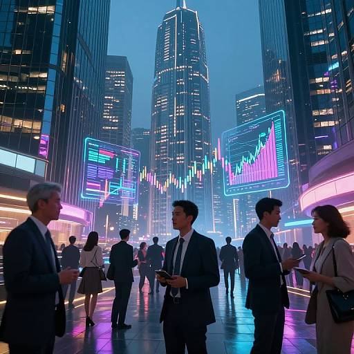 Neon-lit financial district at dusk; suited businesspeople converse in front of glowing stock market displays on towering skyscrapers.