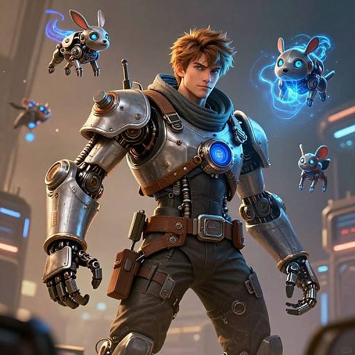 CGI image of a muscular, brown-haired man with cybernetic arms and glowing blue chest, surrounded by floating, robotic bunny drones in a futuristic