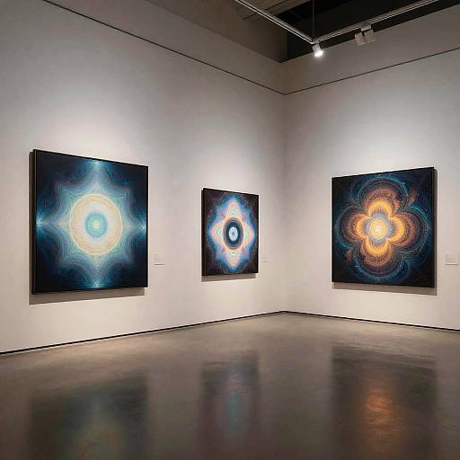 Photograph of a modern art gallery showcasing three abstract, glowing, circular paintings on white walls with spotlights overhead.