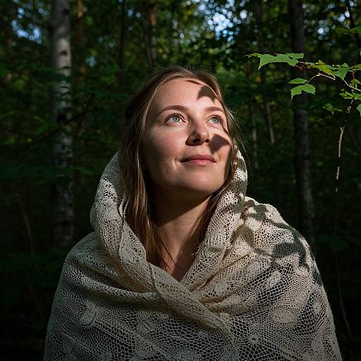 Photograph of a fair-skinned woman with brown hair, wearing a white, knitted shawl, gazing upwards in a sunlit forest.