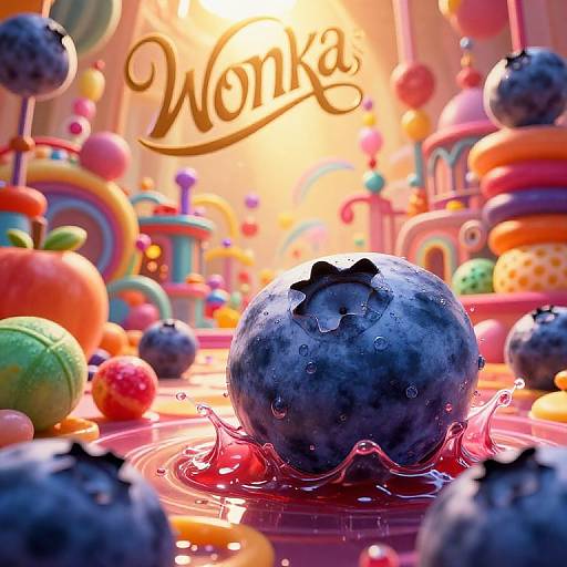 Vibrant CGI image of a blueberry splashing into red liquid, surrounded by colorful fruit and whimsical, neon-lit structures. 