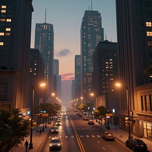 Photograph of a bustling urban street at dusk, flanked by tall, illuminated skyscrapers, with cars and pedestrians below, against a pink and