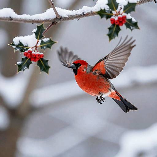 Vibrant Scarlet Bird in Snowy Tree