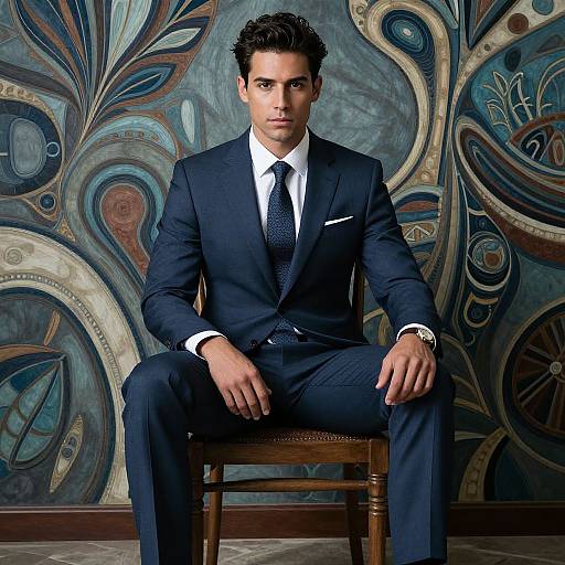Photograph of a handsome, dark-haired man in a navy suit, white shirt, and patterned tie, sitting on a wooden chair against an orn