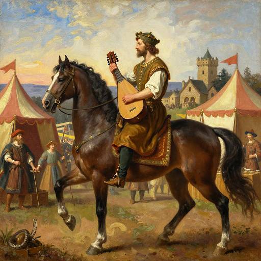 Medieval Bard on Horseback at Village Fair