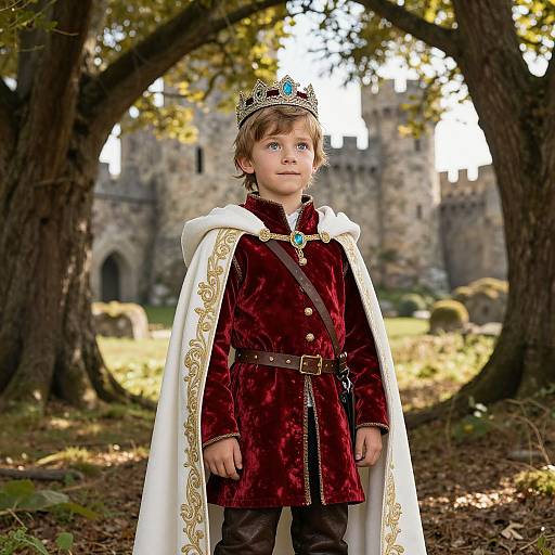 Photograph of a young boy with blue eyes, wearing a velvet red royal tunic, white ornate cape, and silver crown, standing in a