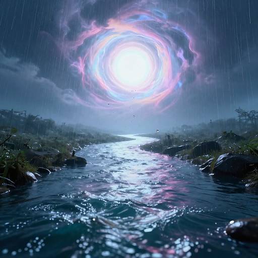 Digital art of a glowing, swirling sun above a rain-soaked, reflective river with rocks and misty, darkened landscape in the background.