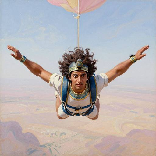 Photograph-style digital artwork of a muscular, curly-haired man with an African complexion, wearing ancient Egyptian attire, parachuting above a cloudy sky.