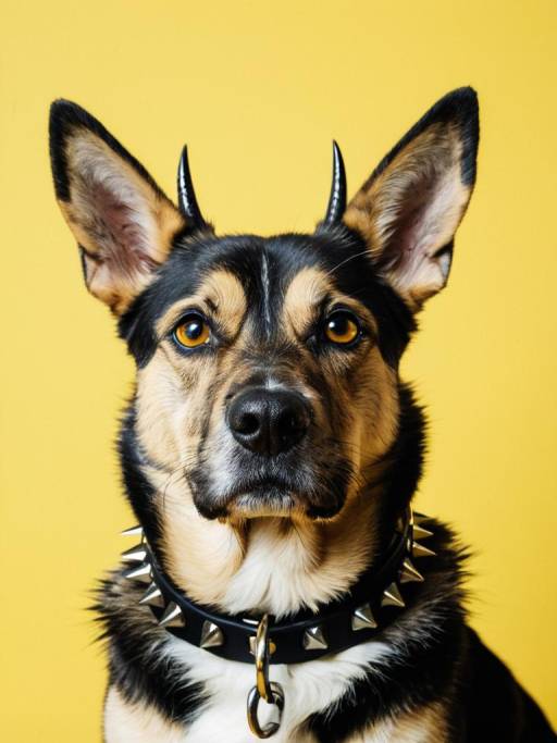 Dog Wearing Spiked Collar and Horns on Yellow Background