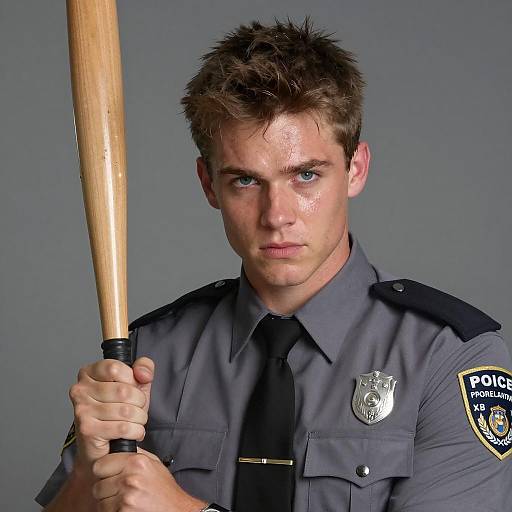 Intense Young Officer with Wooden Bat