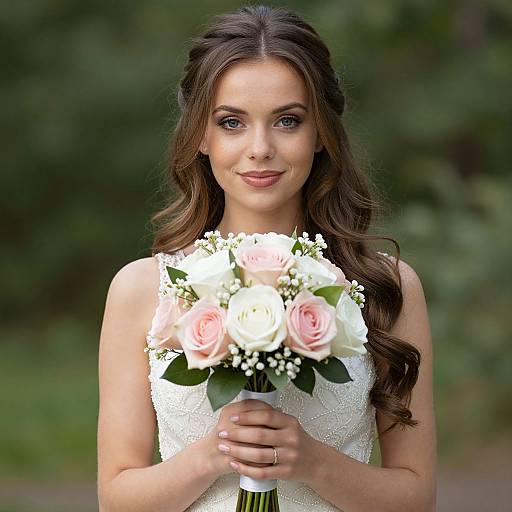Photograph of a beautiful young woman with long brown hair in a white lace dress, holding a bouquet of pink and white roses, standing outdoors with a