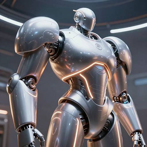 Photorealistic CGI of a shiny, silver humanoid robot with illuminated joints, standing in a futuristic, dimly lit industrial room.