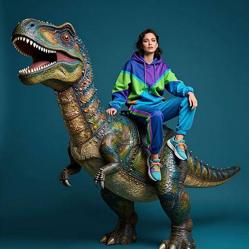 Photograph of a person with dark hair in a colorful hoodie and blue pants, riding a detailed, realistic, multi-colored dinosaur against a blue background.