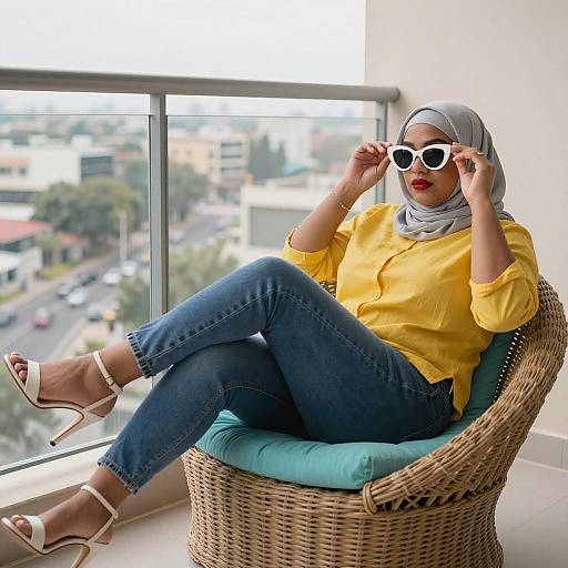 Stylish Woman on Balcony with Cityscape