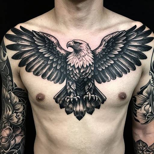 Tattooed shirtless man with a detailed black eagle tattoo on his chest, flanked by floral tattoos on his arms. Photographic image.