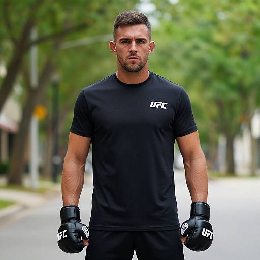 Photograph of a muscular, bearded man with short brown hair, wearing a black UFC t-shirt and gloves, standing on a tree-lined street.