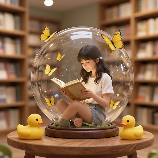 Photograph of a glass snow globe featuring a young Asian girl in a white shirt and denim shorts, reading a book, surrounded by yellow butterflies and yellow