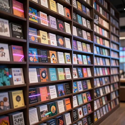 Photograph of a brightly lit bookshelf filled with colorful, varied books, displaying vibrant covers and titles, in a modern bookstore.