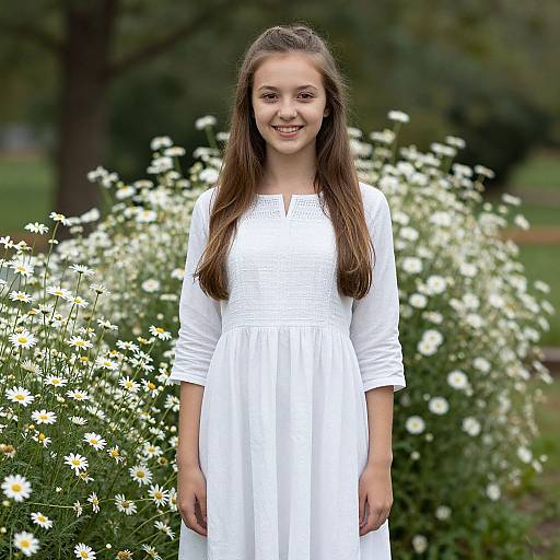 Photograph of a smiling young woman with long brown hair, wearing a white dress, standing in a garden with white daisies.