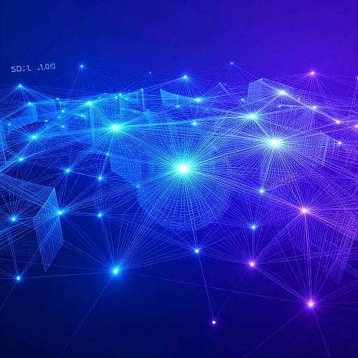 Digital artwork of a glowing blue and purple network of interconnected stars and lines against a dark blue gradient background.