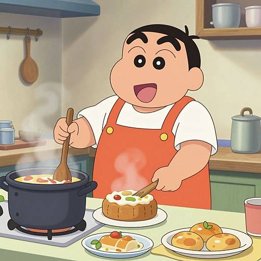 Cartoon of chubby Asian boy in orange apron cooking cake and soup, steam rising, kitchen background, plates with pancakes.